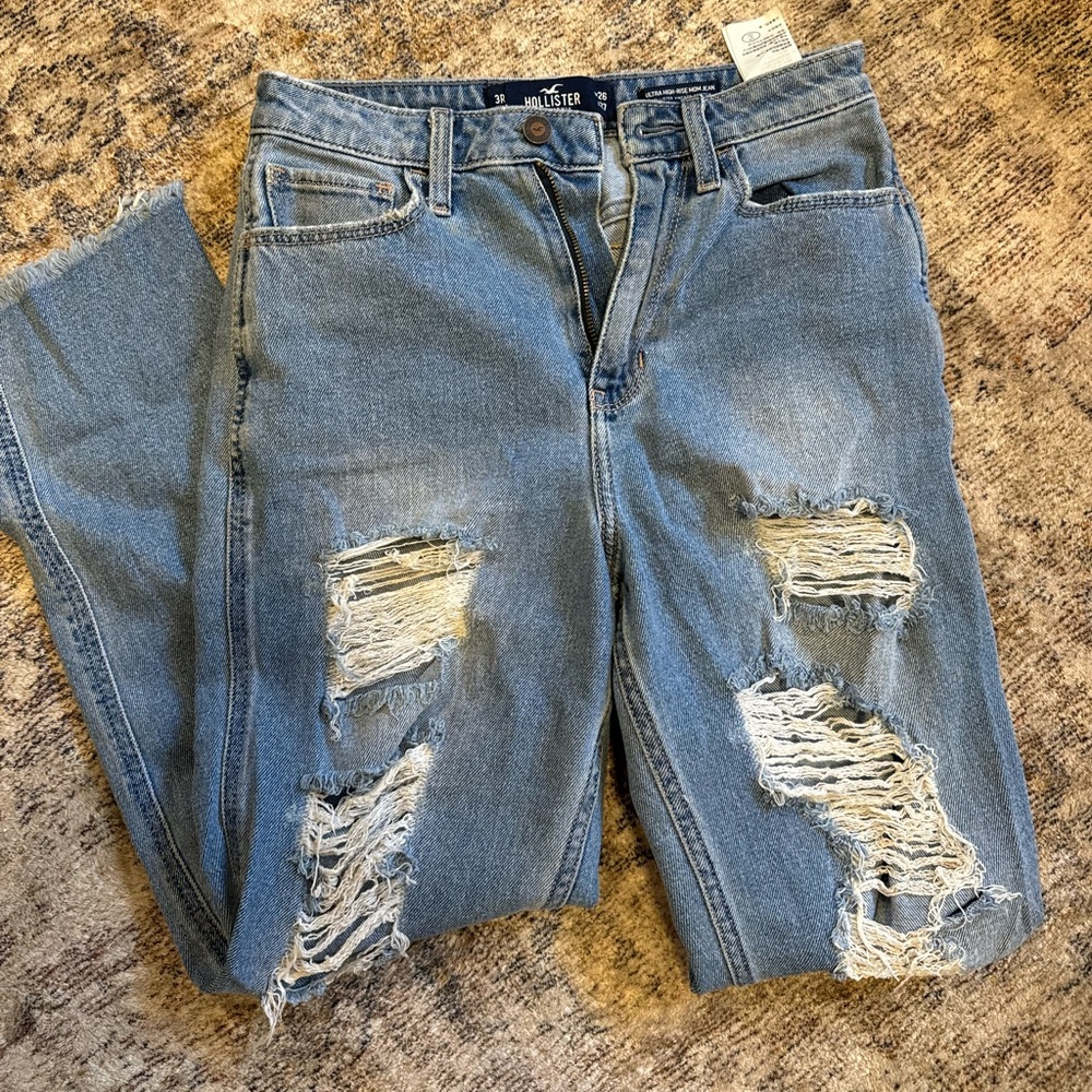 Hollister ultra high rise mom Blue Distressed Jeans